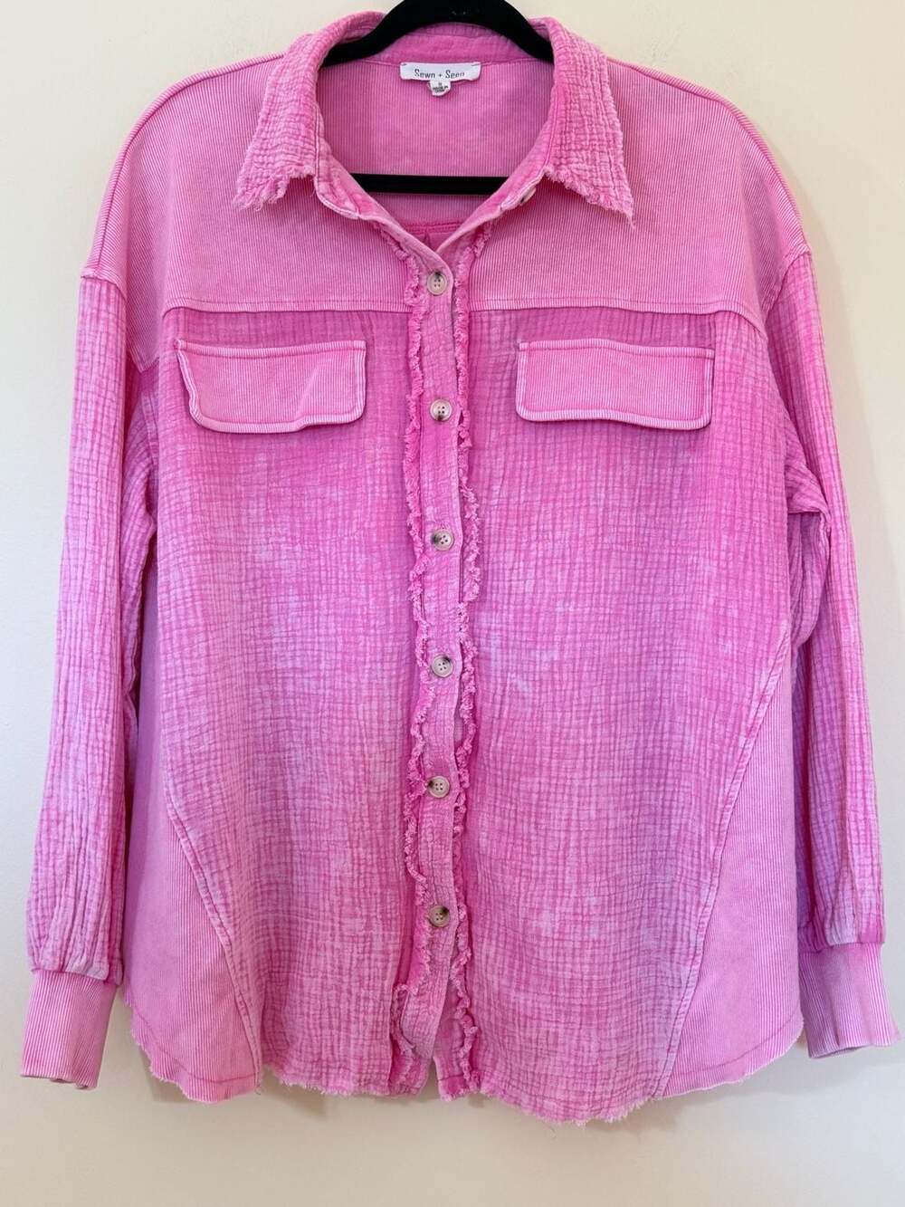 Sewn + Seen Oversized Mineral Washed Frayed Edge Gauze & Ribbed Button-Up Shirt
